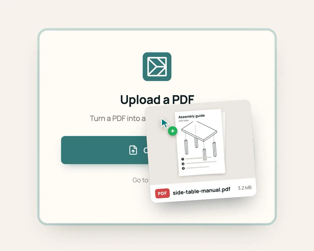 An assembly instruction PDF being uploaded and turned into an animated assembly video